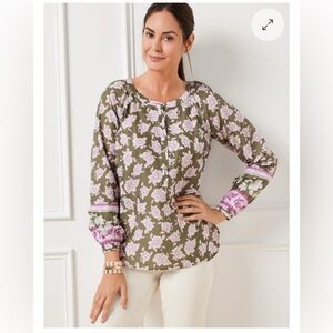 Talbots Gorgeous Floral Blouse in Green and Pink Cotton Popover